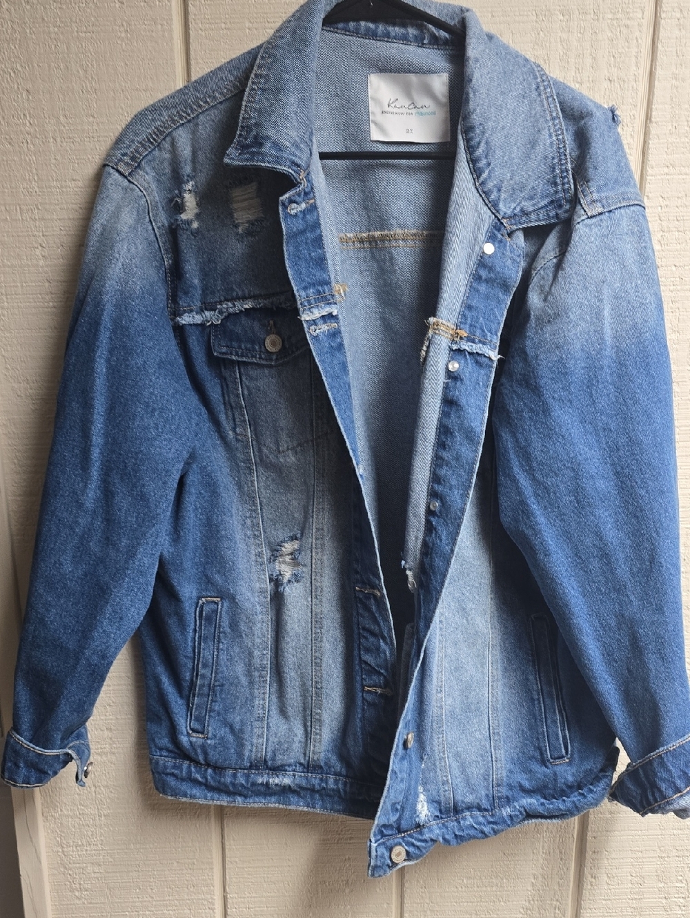 KanCan Oversized Light-Blue Distressed Denim Jacket